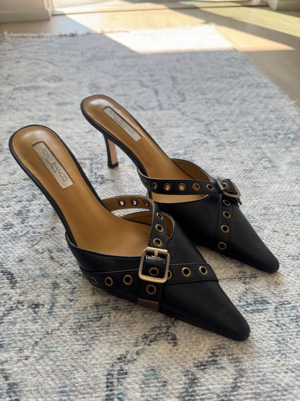 Tony Bianco Black Pointed Slip-On Mules with Gold Eyelet Straps - Picture 2 of 3